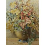 English School (19th century): Still Life Leaves and Berries in Pot