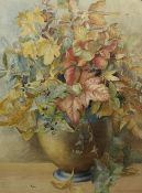 English School (19th century): Still Life Leaves and Berries in Pot