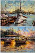 Joro (Continental 20th century): Moored Boats in Daylight and Sunset