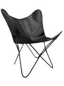 Metal framed butterfly chair upholstered in slung dark tan stitched leather