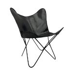 Metal framed butterfly chair upholstered in slung dark tan stitched leather