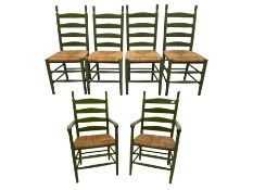 Set of green beech ladder back dining chairs