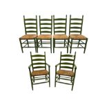 Set of green beech ladder back dining chairs