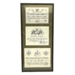 Framed display of three trade gun case labels for Joseph Lang & Son