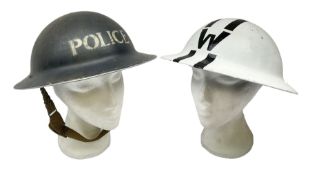 WW2 Home Front 'Police' black painted steel helmet with original liner and webbing chin strap