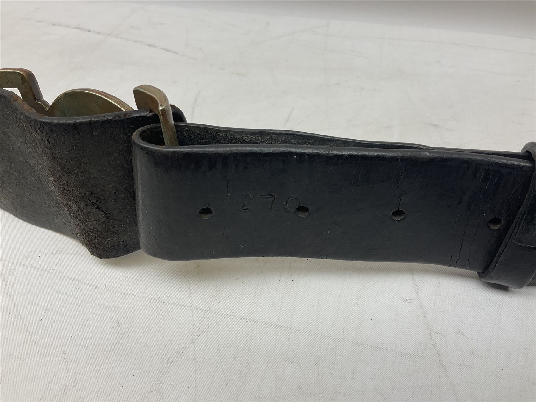 North Eastern Railway Police adjustable leather belt with steel buckle; crudely inscribed '270' - Image 7 of 8