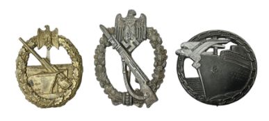 Three WW2 German badges comprising Blockade Runner War Badge and Coastal Artillery badge