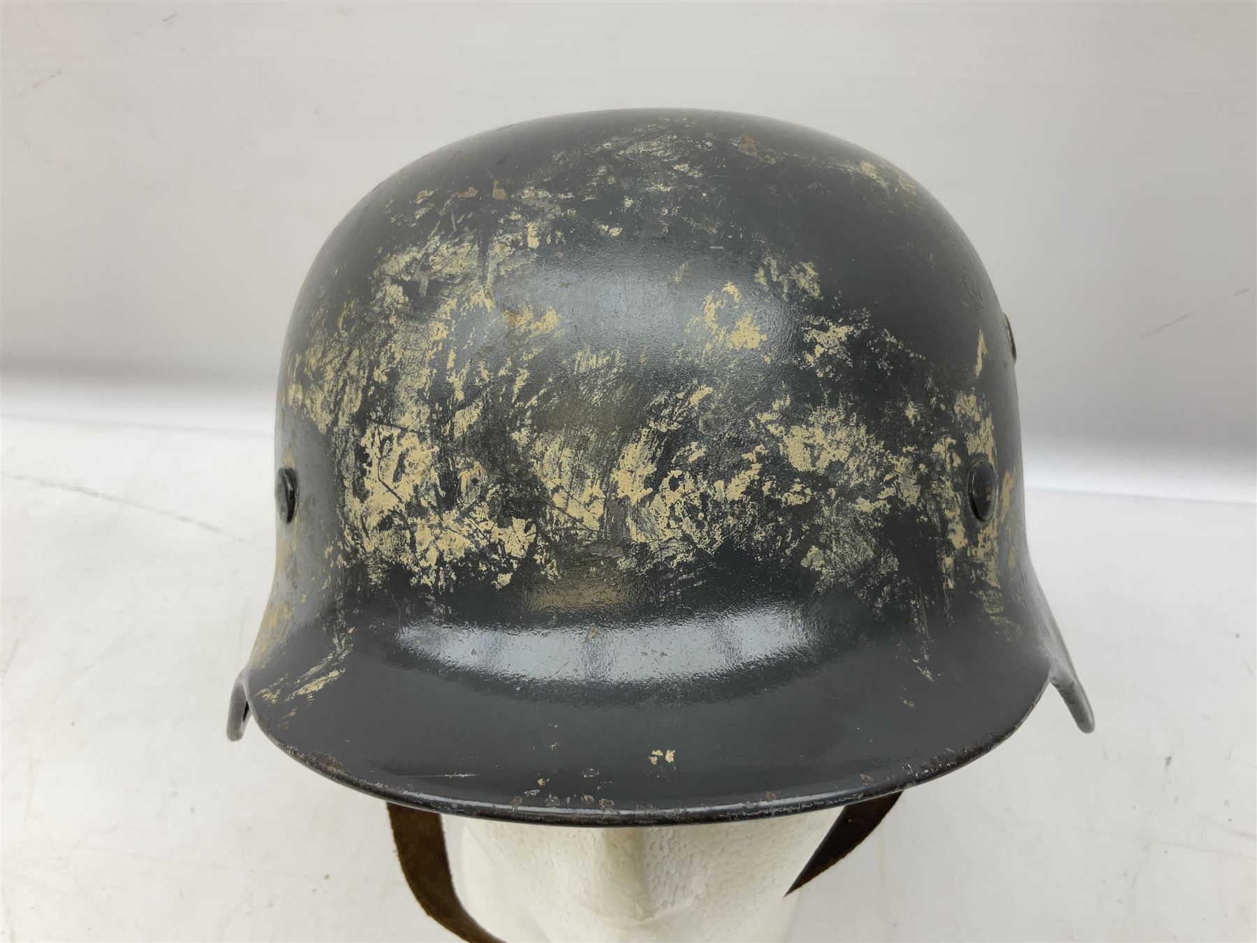 WW2 German steel helmet painted in undecaled Luftwaffe bluey grey with leather liner and chin strap - Image 2 of 11