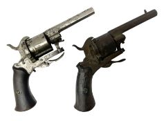 Two 19th century Belgian 7mm pin-fire revolvers - one nickel plated and the other plain steel; each