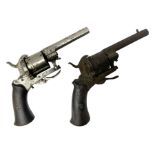 Two 19th century Belgian 7mm pin-fire revolvers - one nickel plated and the other plain steel; each