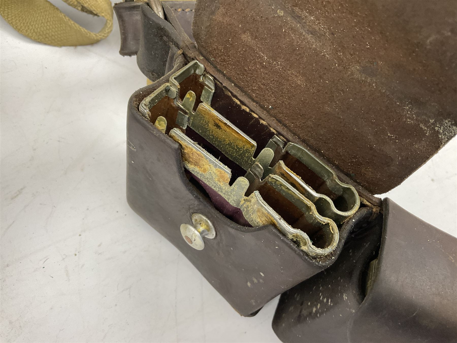 Swiss leather ammunition belt with six pouches containing empty clips; another leather ammunition be - Image 9 of 17