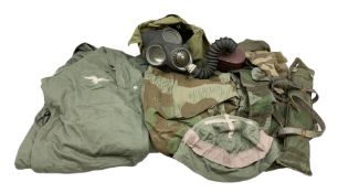 WW2 No.4 Mk.III respirator in canvas carry bag dated 1942; army camouflage poncho with adaptable ten