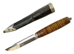 Norwegian staksniv hunting knife with 10cm single-edged steel blade in tooled leather sheath with ni