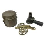 Nautical brass cased signal lamp H24cm; sighting scope; and ornamental brass model cannon L29cm (3)