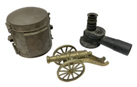 Nautical brass cased signal lamp H24cm; sighting scope; and ornamental brass model cannon L29cm (3)