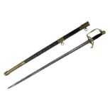 Five-ball spadroon sword with 78.5cm fullered steel blade and brass hilt with fluted swollen grip; i