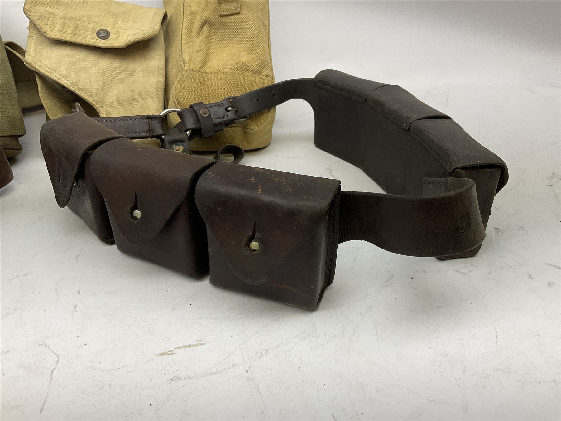 Swiss leather ammunition belt with six pouches containing empty clips; another leather ammunition be - Image 10 of 17