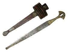 Sudanese arm dagger with 40cm steel double edged blade and decorative pierced brass hilt; in tooled