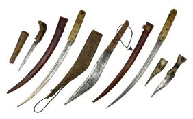 Near pair of African Moroccan Berber tribal Shula daggers each with engraved 39cm curving fullered s