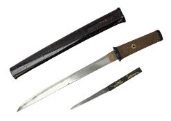 Japanese Tanto with 28.5cm steel blade and cord bound grip; in red spotted black lacquer saya contai