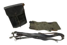 WW2 German - leather combat 'Y'-straps with numbered adjustment holes; M35 leather map case stamped