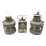 Two WW2 period ship's bow-fronted lamps with grey painted finish