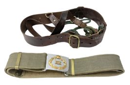 British Army Officers Sam Browne leather belt with shoulder strap; and webbing belt with Potter Lond