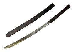 Burmese Dha type sword with 52cm plain steel slightly curving blade and plaited cane bound grip; in