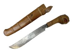 Malayan Parang the 29cm steel blade with two character marks and wicker bound hardwood hilt carved w