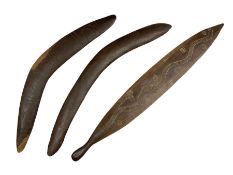 Australian aboriginal woomera spear thrower incised/carved with a wavy line and dots L69cm; and two