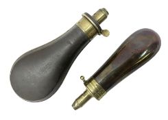 Two Sykes Patent brass mounted small load powder flasks with fire proof safety tops - one with slim
