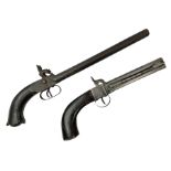 Two percussion action double barrel pistols for display comprising one side-by-side with 25cm barrel