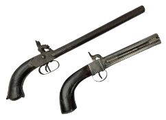 Two percussion action double barrel pistols for display comprising one side-by-side with 25cm barrel