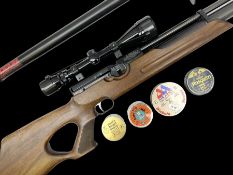Weihrauch HW100 .22 calibre PCP repeating air rifle; walnut thumbhole stock with textured pistol-gri