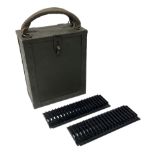 WW2 green painted metal bound wooden magazine carrying box containing twelve twenty-round clips in t