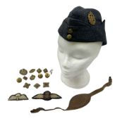 WW2 RAF sidecap dated 1942 with badge and buttons; quantity of RAF metal and cloth badges