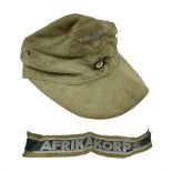 WW2 German DAK M42 Army Field Cap stamped G. Teufel Sohn Tuttlingen M/42 55; and Afrikakorps cuff ti