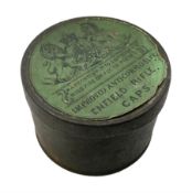 19th century drum-shaped tin of Enfield Rifle Caps with printed green label to the lift-off lid D5.5