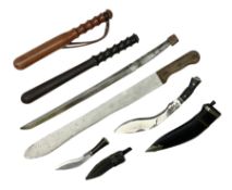 Small kukri with 11.5cm curving steel blade and horn grip; in leather scabbard L20cm overall; anothe