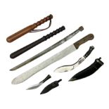 Small kukri with 11.5cm curving steel blade and horn grip; in leather scabbard L20cm overall; anothe