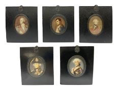 Matched set of five early 20th century hand finished miniature prints of 19th century military figur
