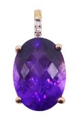 10ct rose gold single stone briolette cut oval amethyst and diamond pendant