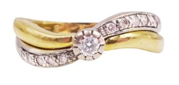 18ct white and yellow gold round brilliant cut diamond crossover ring