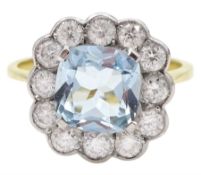 18ct gold milgrain set cushion cut aquamarine and diamond cluster ring