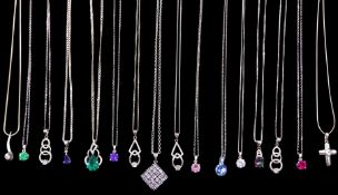 Sixteen silver stone set pendant necklaces including tanzanite