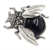 Silver black onyx and marcasite bug brooch