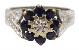 9ct white gold sapphire and diamond cluster ring with textured shoulders