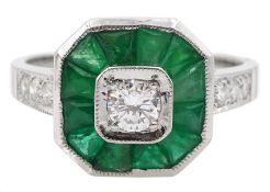 18ct white gold calibre cut emerald and round brilliant cut diamond ring