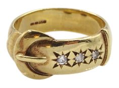 9ct gold gypsy set three stone cubic zirconia buckle ring