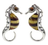 Pair of silver Baltic amber seahorse stud earrings